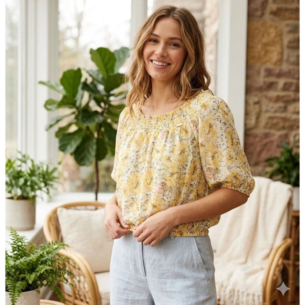 Joie Crop Top Womens L Floral smocked Off Shoulder peasant spring prairie New